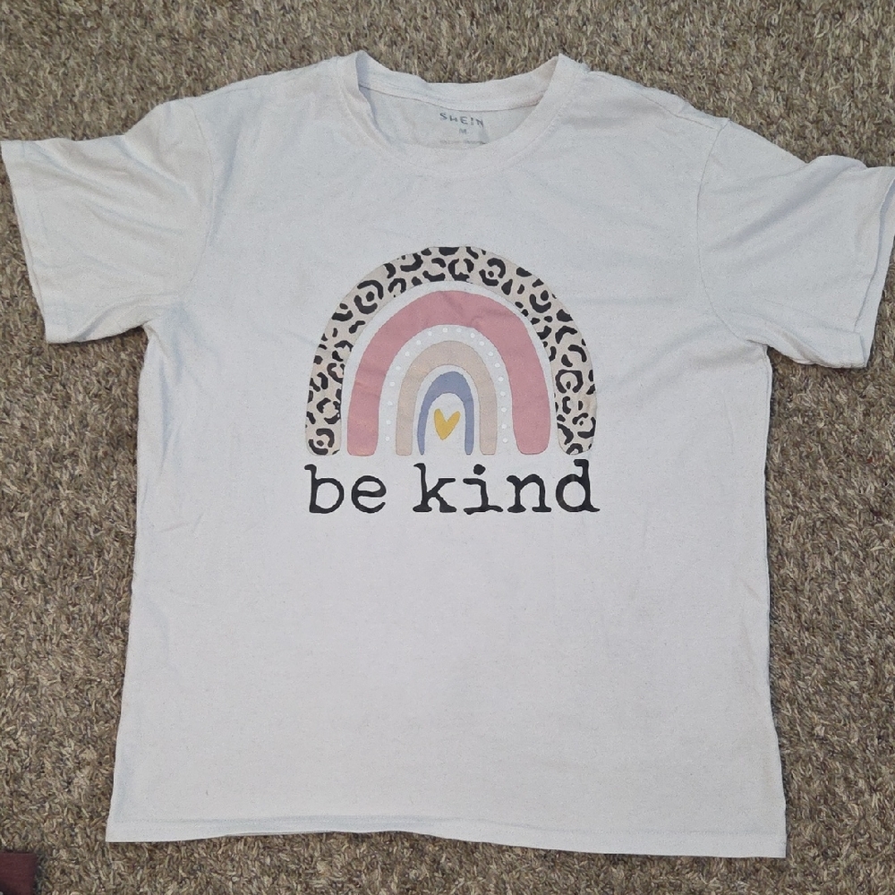 SHEIN White 'Be Kind' T-Shirt with Rainbow and Leopard Print